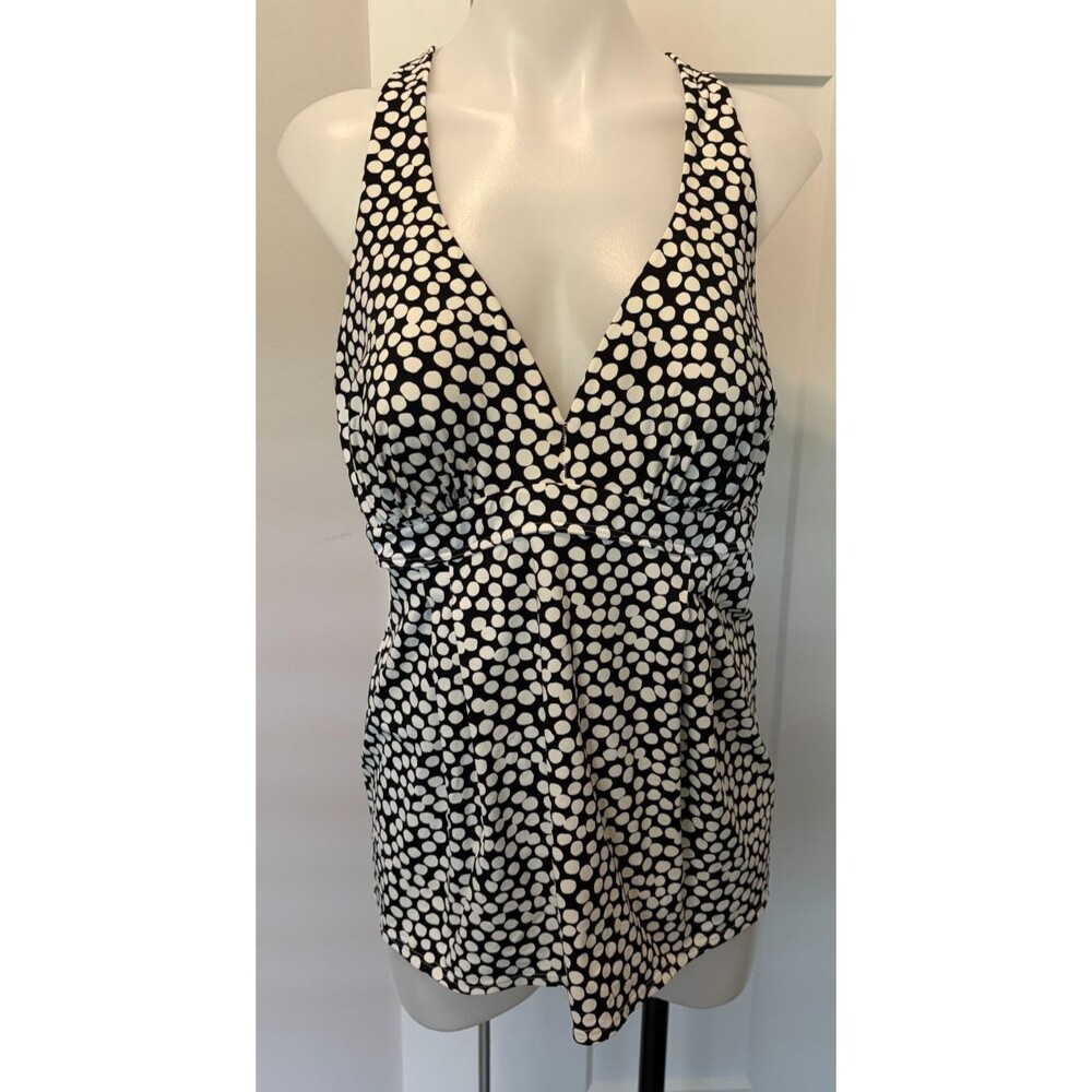 LANDS END Womens SWIM TOP Bathing Suit BLACK Off-White DOTS Built-In Bra Size 16